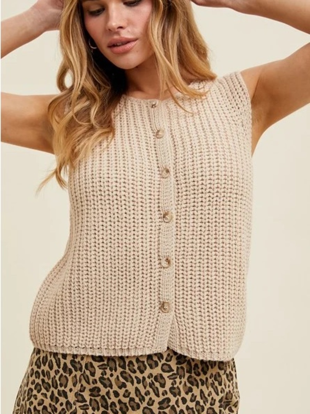 Luminary Fine Collection Sweater Vest Sleeveless Size Medium Cream Neutral Knit